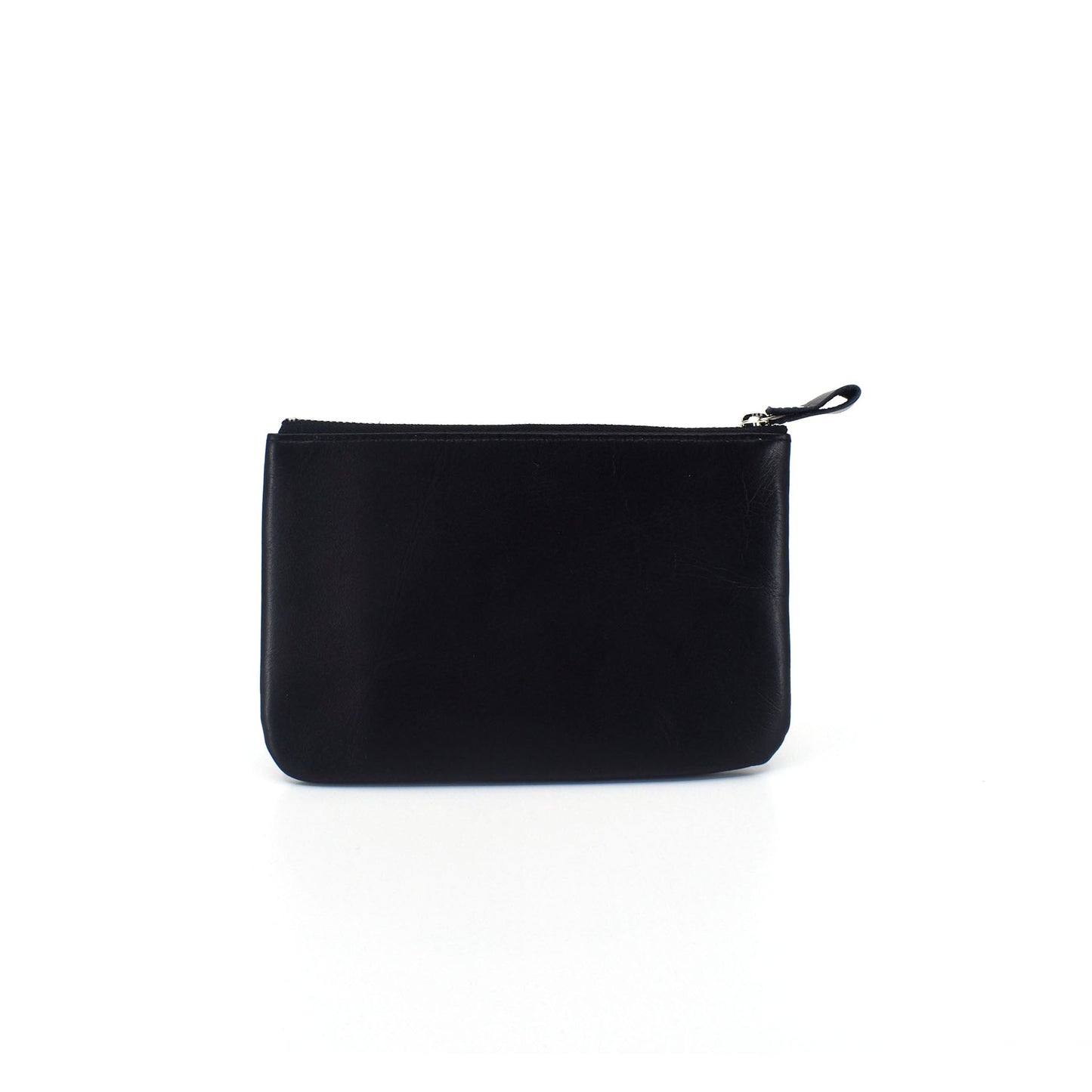 Sleek black leather zip pouch against a white background, perfect for organizing daily essentials or travel items.