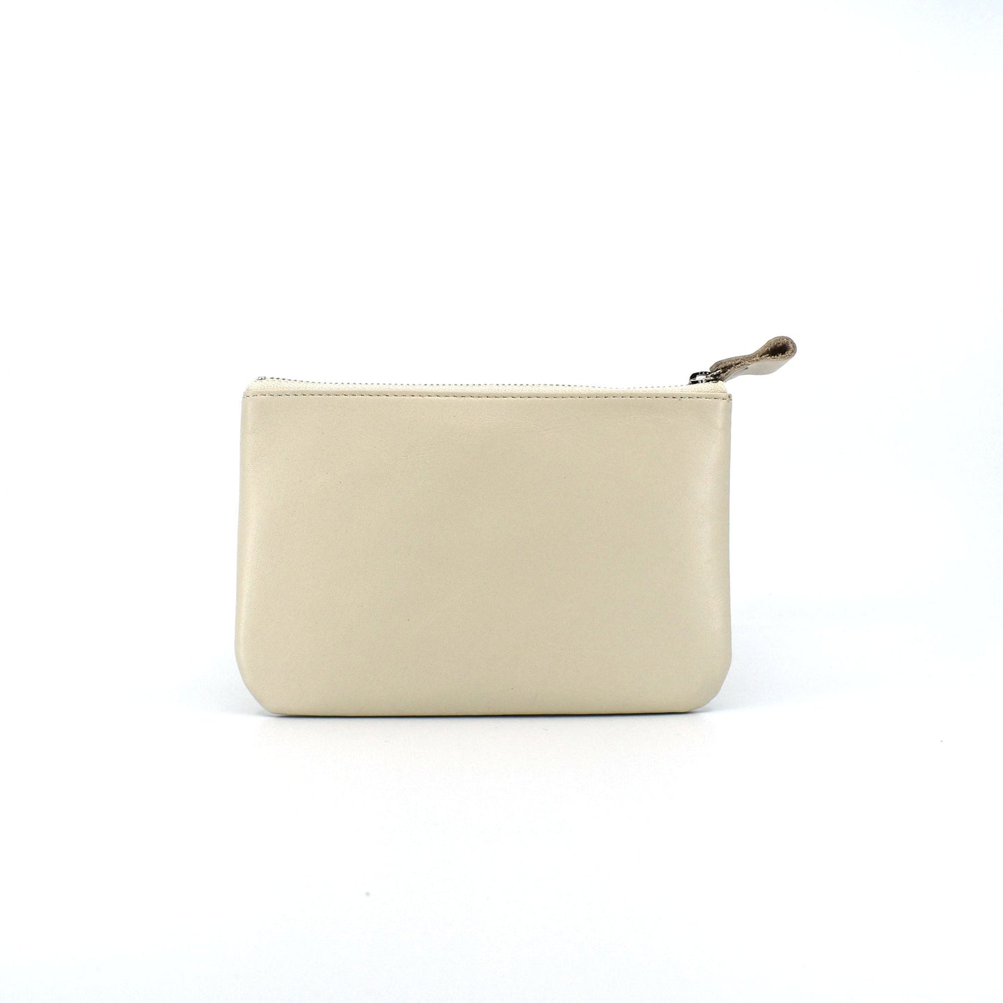 Ivory leather zip pouch with smooth finish on white background, perfect for storing daily essentials, makeup, or tech accessories