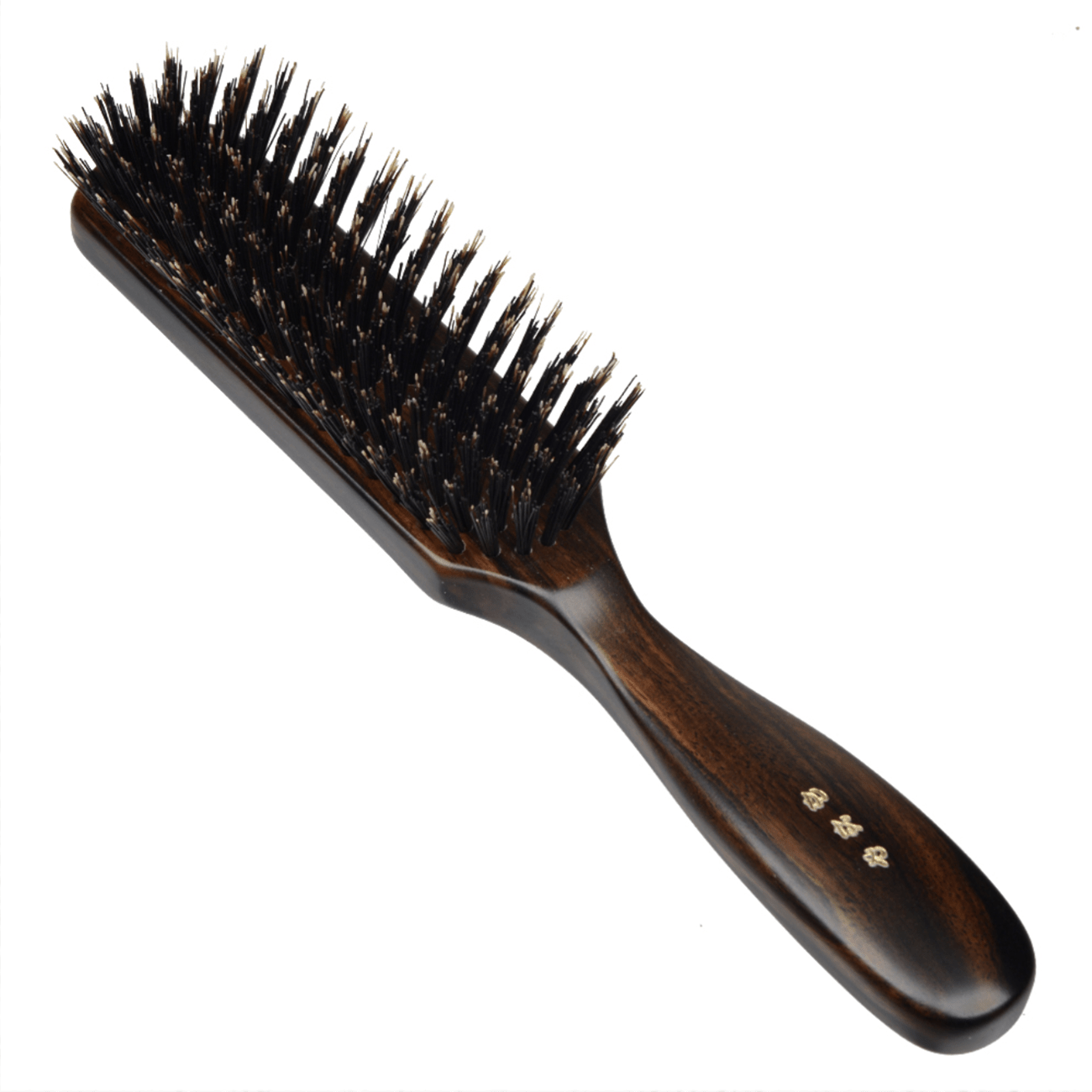 Angled view of the Kanaya wild boar bristle hair brush showing densely packed firm bristles and a dark wooden handle with engraved gold Japanese characters.