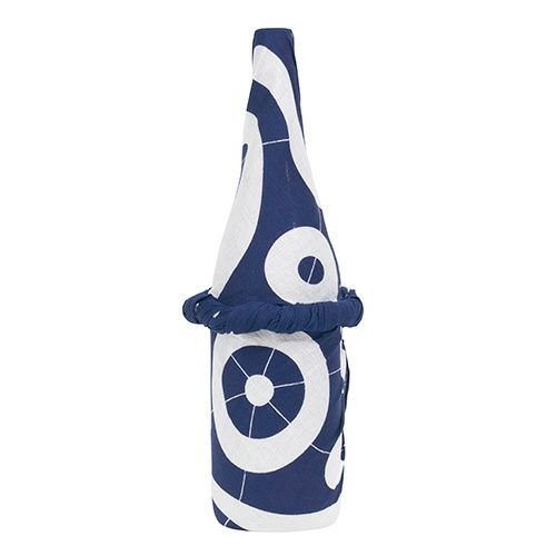 Single wine bottle wrapped in indigo blue and white Japanese furoshiki cloth featuring circular wave patterns, tied in a traditional gift presentation style.