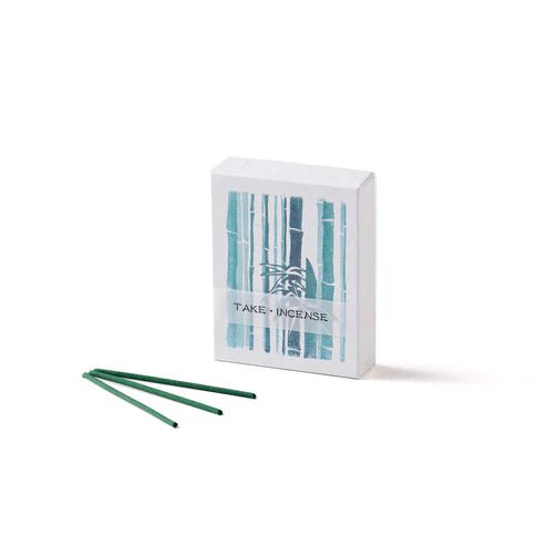Box of Japanese Hanga Bamboo incense with three green take-scented sticks and minimal packaging featuring a bamboo grove illustration
