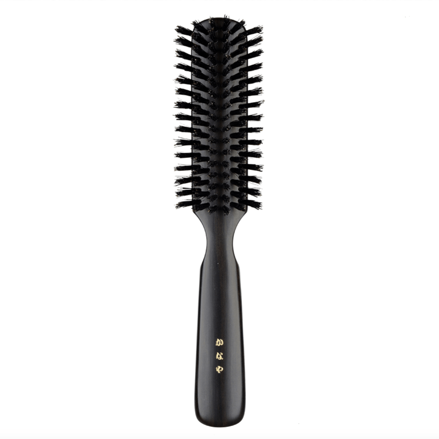 Japanese round hair brush featuring firm black natural bristles and a polished dark wood handle, crafted for smooth detangling and everyday grooming.
