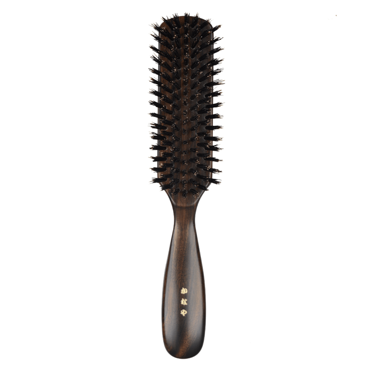 Front view of the Kanaya wild boar bristle hair brush with firm bristles, featuring a polished dark wood handle and gold-stamped Japanese lettering.