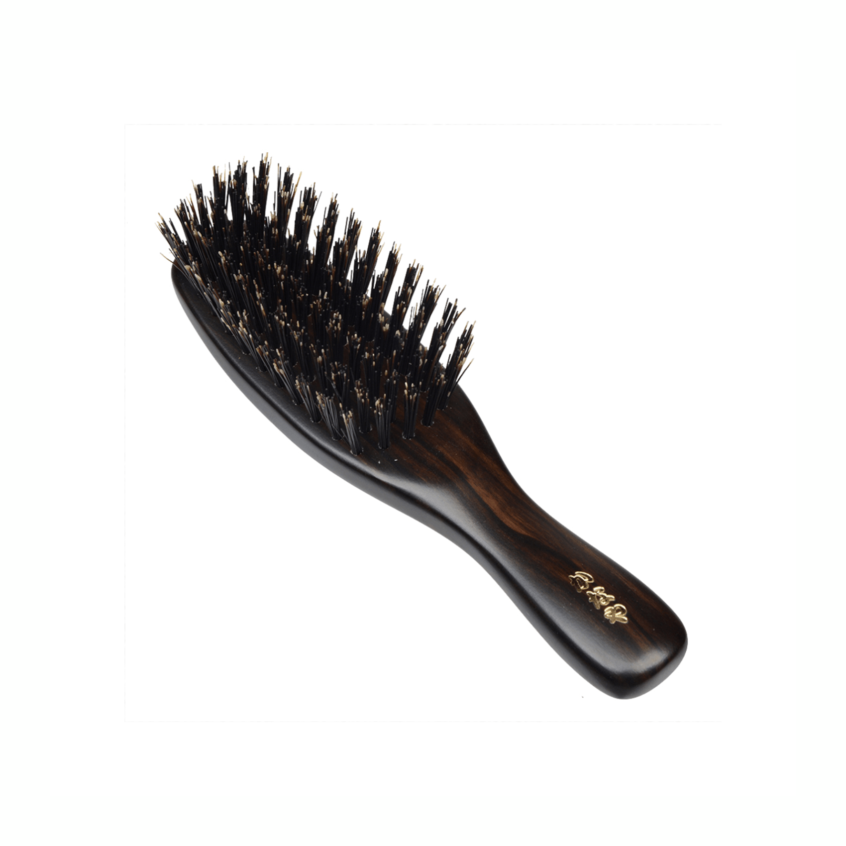 Angled side view of the Kanaya wild boar bristle travel brush showing densely packed firm bristles and a dark polished wooden handle engraved with gold Japanese characters.