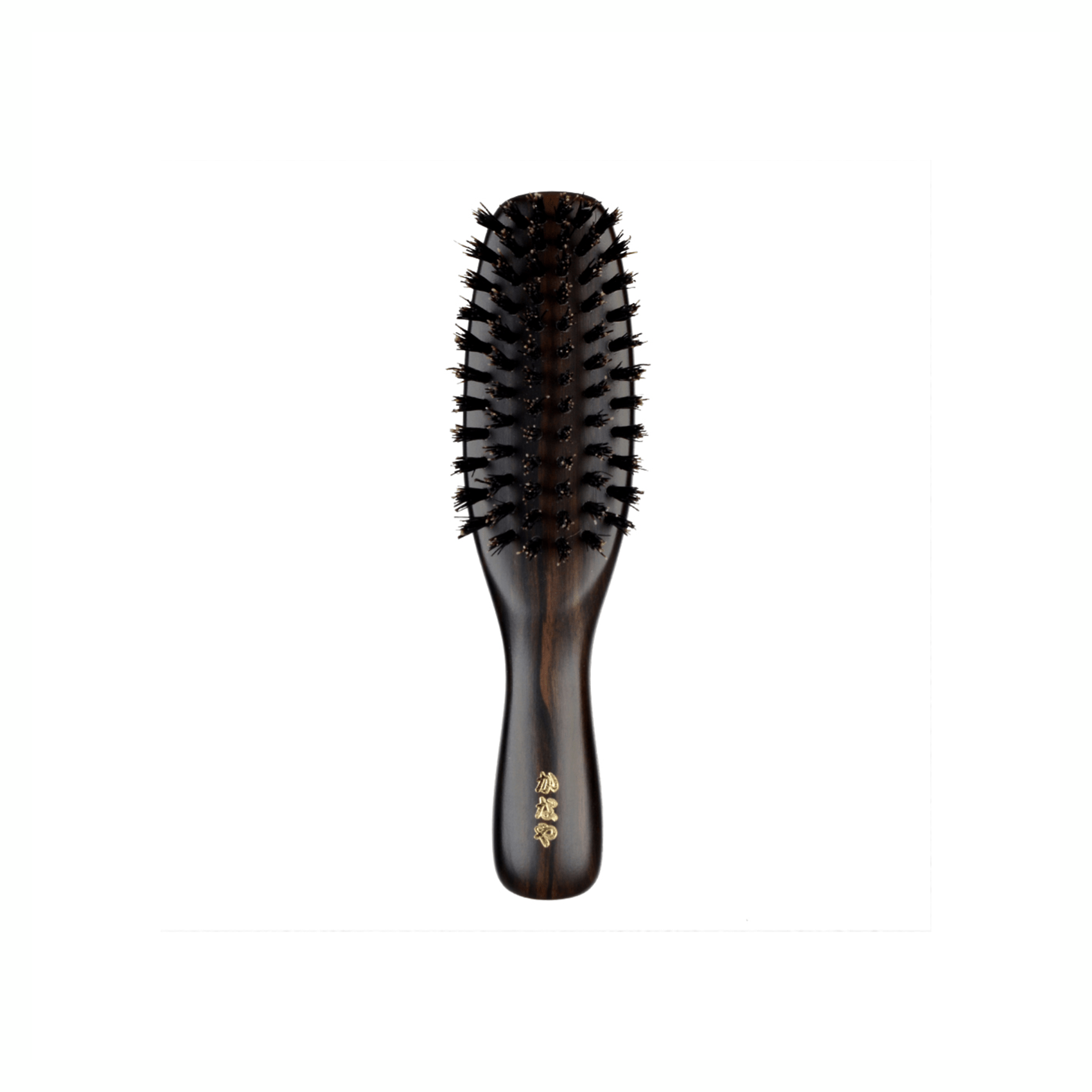 Front view of the Kanaya wild boar bristle travel hairbrush. Features a compact, oval head with firm black bristles and a glossy dark wood handle engraved with gold Kanaya lettering.