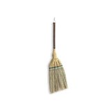 Traditional Japanese Edo-style broom handcrafted by Shirokiya Denbei artisans, featuring a short, dark wooden handle and tightly bound natural straw bristles. The bristle base is intricately woven with decorative green and black thread bands, showcasing the refined aesthetics and durability of Edo-period craftsmanship. Ideal for indoor sweeping, this broom blends practicality with timeless design, reflecting centuries-old Japanese broom-making heritage.
