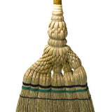 Detailed view of the Shirokiya Denbei Edo Broom’s hand-woven knotwork, featuring tightly braided straw and layered craftsmanship. The green and black binding accents highlight the traditional Japanese aesthetic and meticulous construction of this artisan broom.