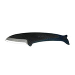 Fin Whale-shaped Japanese Kujira knife crafted from carbon steel, featuring a curved blade and engraved wave motif, ideal for craft or culinary use