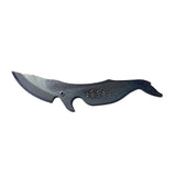 Japanese Kujira carbon steel knife shaped like a whale, featuring a curved blade and engraved wave detail, handcrafted for traditional use and unique display