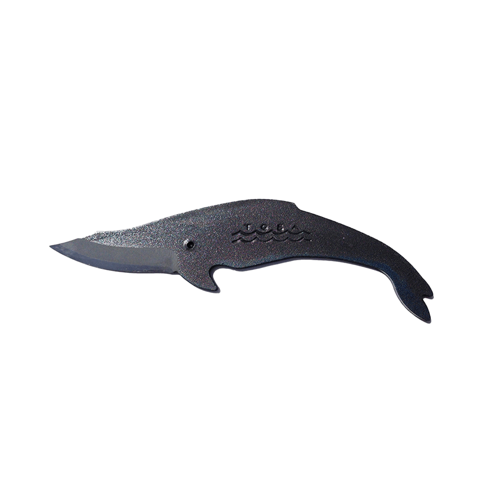 Mink Whale Kujira knife (female version) handcrafted in Japan from carbon steel, featuring a whale silhouette with curved blade and engraved wave detail