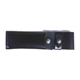 Black leather sheath made for the Mink Whale Kujira knife, with double-snap button and stitched detailing for secure and stylish blade protection