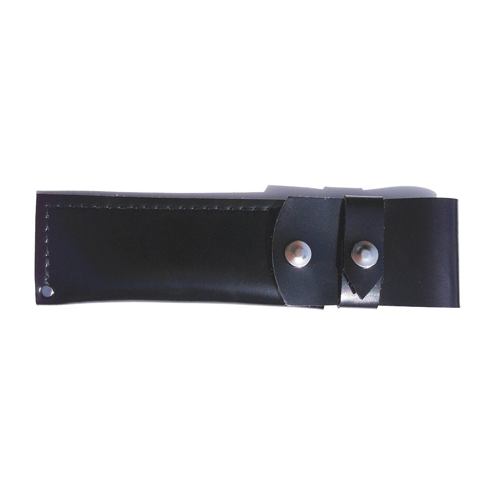 Black leather sheath made for the Mink Whale Kujira knife, with double-snap button and stitched detailing for secure and stylish blade protection