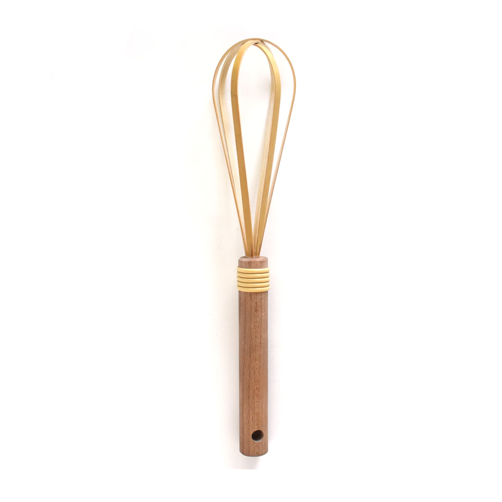 Traditional Japanese rice washing whisk made from natural bamboo with a smooth wooden handle, used for gently rinsing rice while preserving grain integrity.