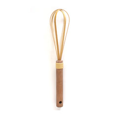 Traditional Japanese rice washing whisk made from natural bamboo with a smooth wooden handle, used for gently rinsing rice while preserving grain integrity.