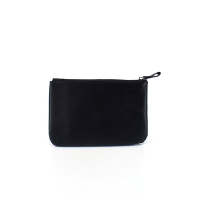 Sleek black leather zip pouch against a white background, perfect for organizing daily essentials or travel items.