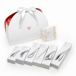 Japanese Precision Kitchen Set, the gift box beside the six stainless tools in their individual boxes and the wrapped cloth.