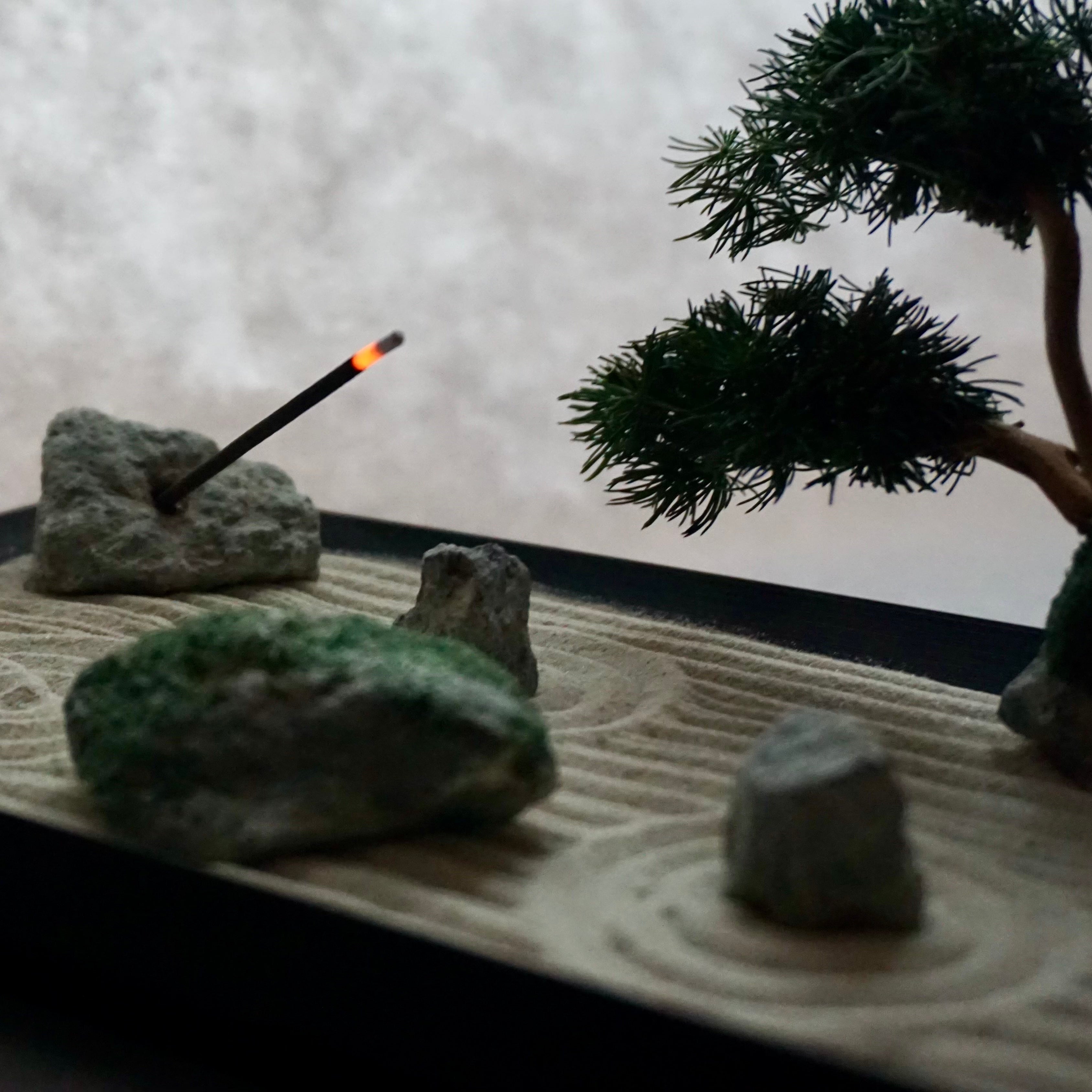 Miniature Zen garden with bonsai and burning incense, representing a Karesansui landscape.