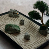 Mini Karesansui Zen Garden Incense Holder with sand patterns, stones, and bonsai tree.