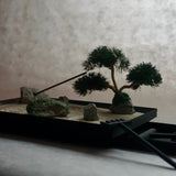 Miniature Karesansui Zen Garden with bonsai tree, burning incense, and bamboo rake.
