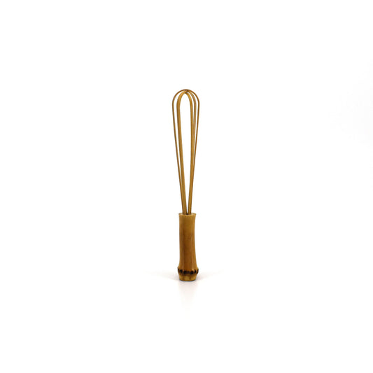 A small handcrafted bamboo whisk with a natural finish, perfect for delicate kitchen tasks or as a decorative traditional tool.