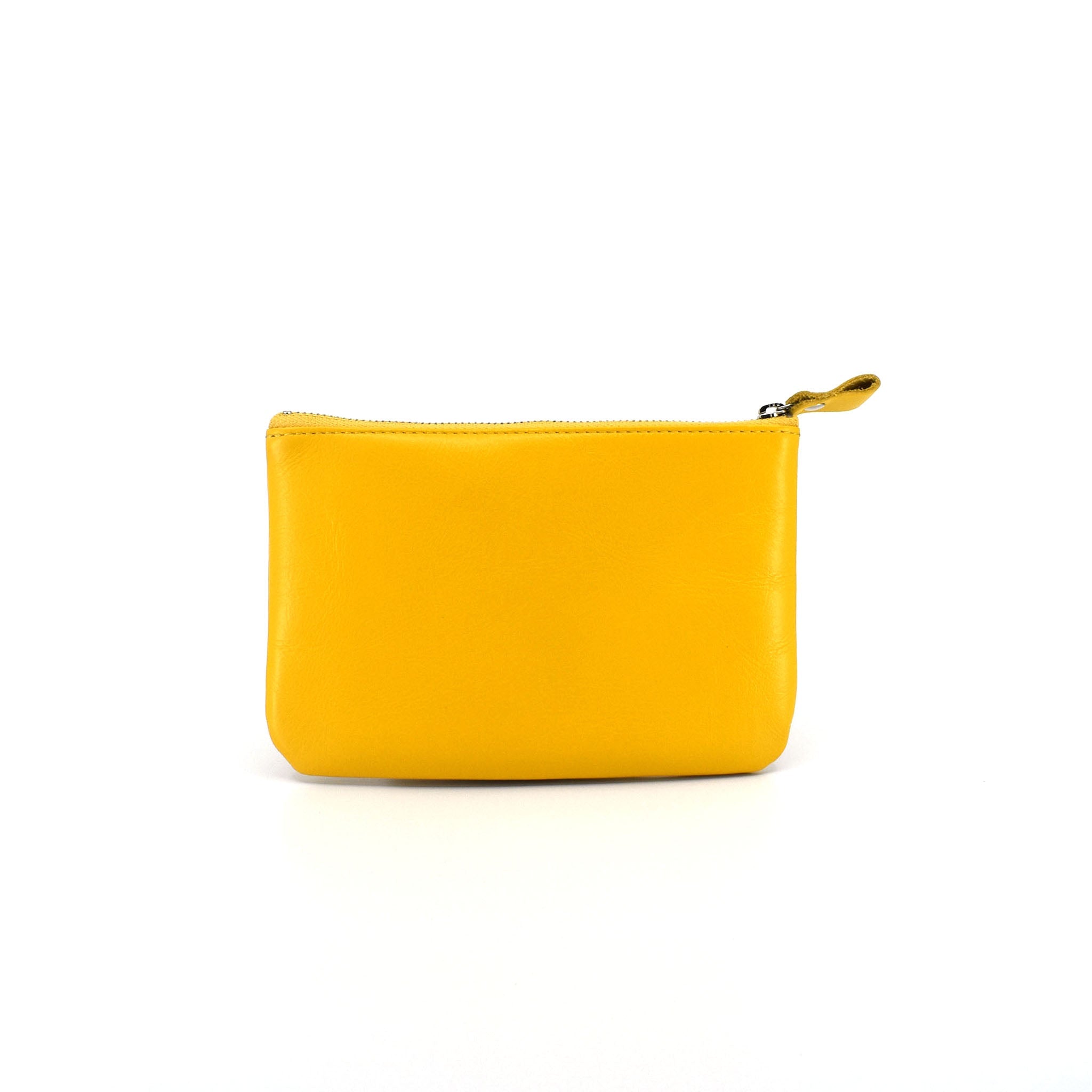 Bright yellow leather zip pouch on white background, ideal for organizing cosmetics, cards, or travel essentials.
