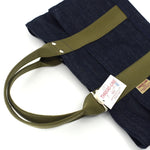 Angled flat lay of Japanese mini denim tote bag with olive webbing handles, silver rivets, and visible Thread Line Tokyo hangtag