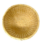 Top-down view of round Japanese bamboo basket with intricate handwoven base and natural rim, ideal for straining, serving, or decorative use