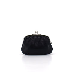 Classic black leather Gamaguchi purse with silver clasp, handmade in Japan—ideal for coins, cards, or small essentials.