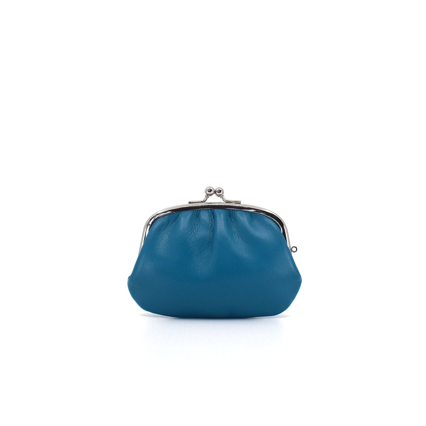 Blue leather Gamaguchi coin purse with silver clasp, handmade in Japan—compact and elegant for carrying coins or small items.
