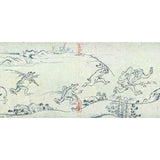 Scene from the Chōjū-jinbutsu-giga scrolls, featuring anthropomorphic frogs, rabbits, and monkeys in motion, part of Japan’s oldest manga artwork from the 12th century.