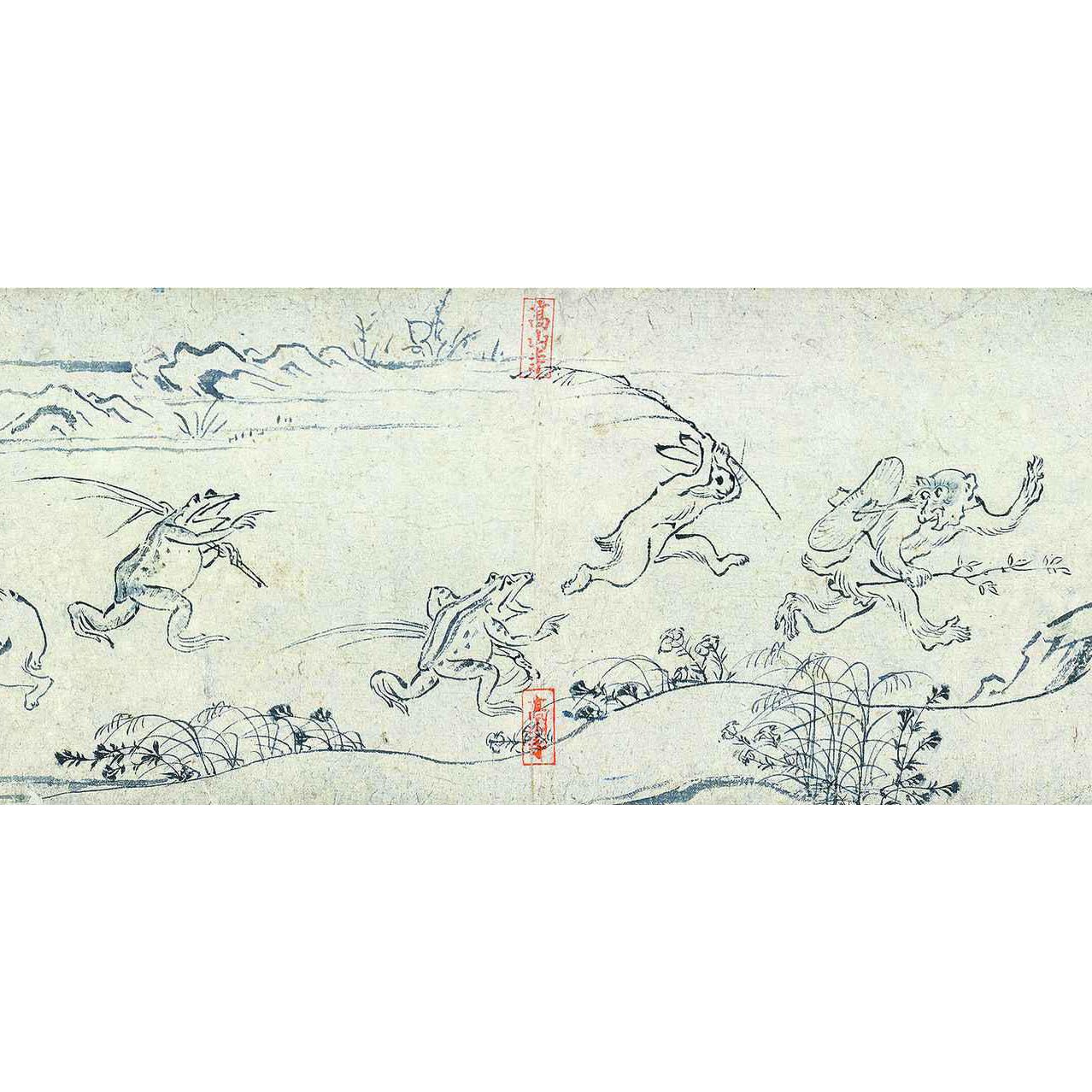Scene from the Chōjū-jinbutsu-giga scrolls, featuring anthropomorphic frogs, rabbits, and monkeys in motion, part of Japan’s oldest manga artwork from the 12th century.