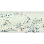 Scene from the Chōjū-jinbutsu-giga scrolls, featuring anthropomorphic frogs, rabbits, and monkeys in motion, part of Japan’s oldest manga artwork from the 12th century.