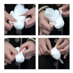 A 4-panel collage showing step-by-step folding instructions for the Cocoon Eco Bag. The user’s hands demonstrate how the lightweight bag tucks neatly back into the white cocoon-shaped case using a simple wrapping motion