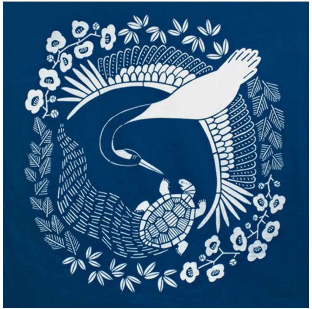 Furoshiki 100 – Indigo - Dyed Cranes & Turtles, Deep Indigo