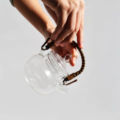 Handcrafted glass kyusu teapot with rattan handle, 250ml Japanese side-handle teapot for loose leaf tea.