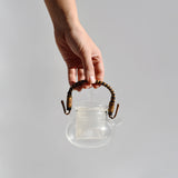 Clear glass kyusu teapot with removable infuser and rattan handle, 250ml Japanese loose leaf tea pot.