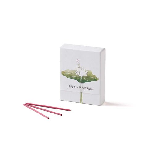 Box of Japanese Hanga Lotus incense with three pink hasu-scented sticks, presented with minimalist white packaging and lotus flower illustration