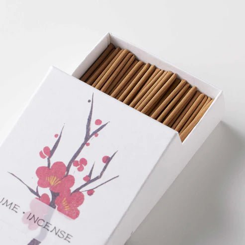 Top view of open Hanga Plum incense box revealing neatly arranged Japanese incense sticks with delicate plum blossom illustration on the lid