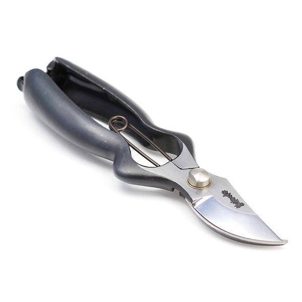 Traditional Japanese stainless steel garden pruners with black ergonomic handles, precision-crafted for detailed pruning and gardening tasks, photographed on a clean white background. 