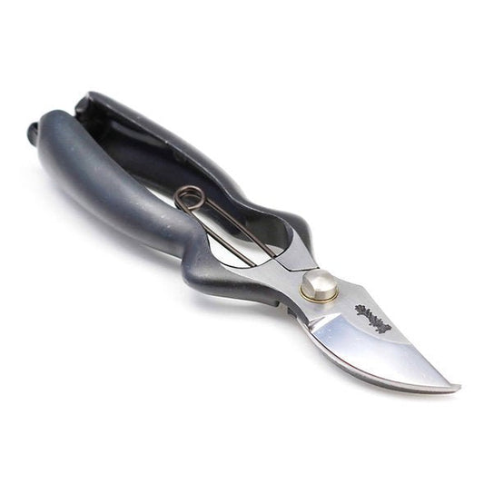 Traditional Japanese stainless steel garden pruners with black ergonomic handles, precision-crafted for detailed pruning and gardening tasks, photographed on a clean white background. 