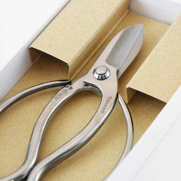 Hidehisa stainless steel floral shears neatly placed in minimalist cardboard box packaging, showcasing the polished finish and engraved Japanese lettering on the handle.