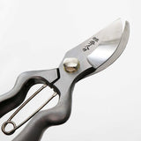 lade detail of Hidehisa stainless garden pruners with engraved Japanese kanji. 