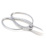 Hidehisa stainless steel ikebana shears with a polished finish, showcasing wide looped handles and sharp, short blades designed for precise floral trimming.