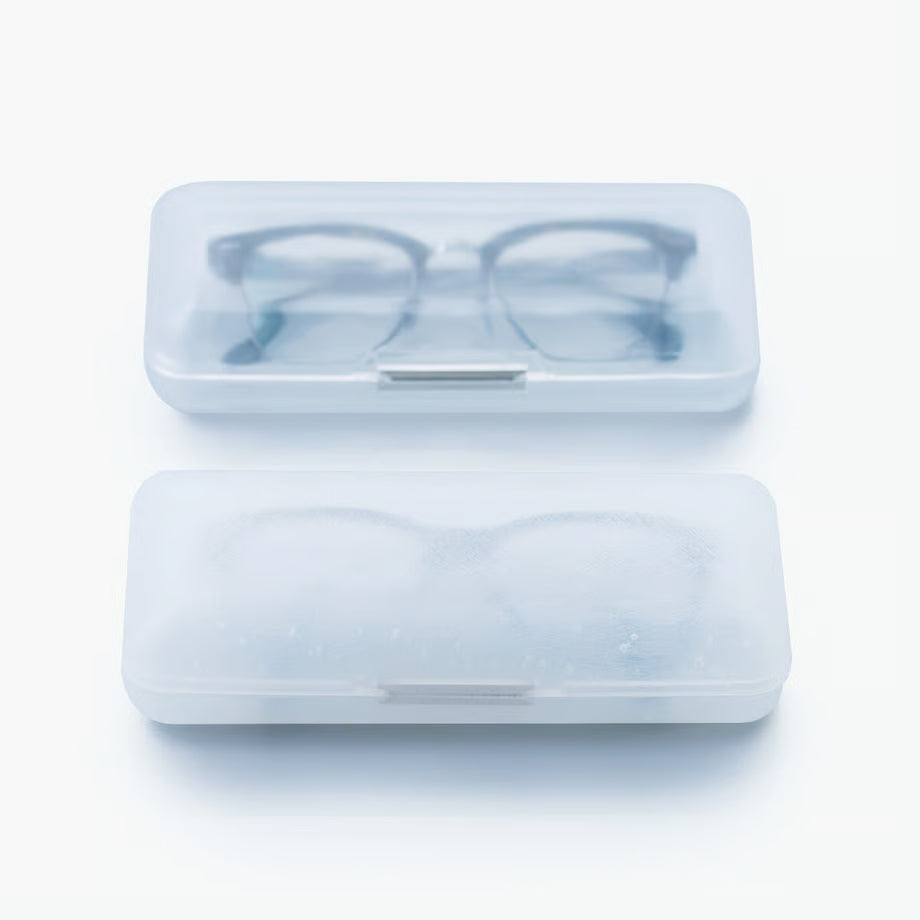 ICED glasses case by 100 percent, stacked in clear and aged finishes with semi-transparent ice block design, made in Japan