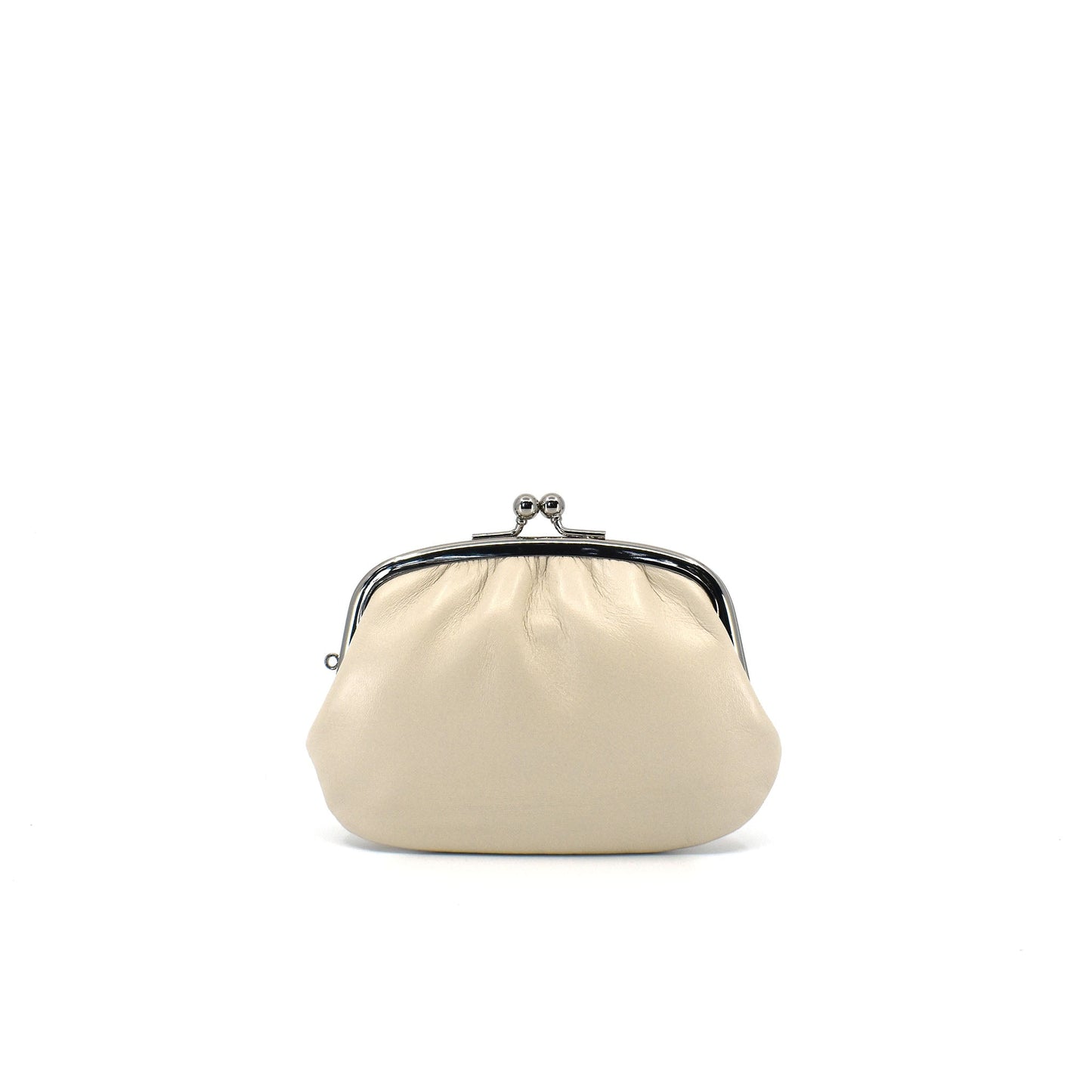 Ivory leather Gamaguchi coin purse with silver clasp, handcrafted in Japan—minimal and versatile for everyday or special occasions.
