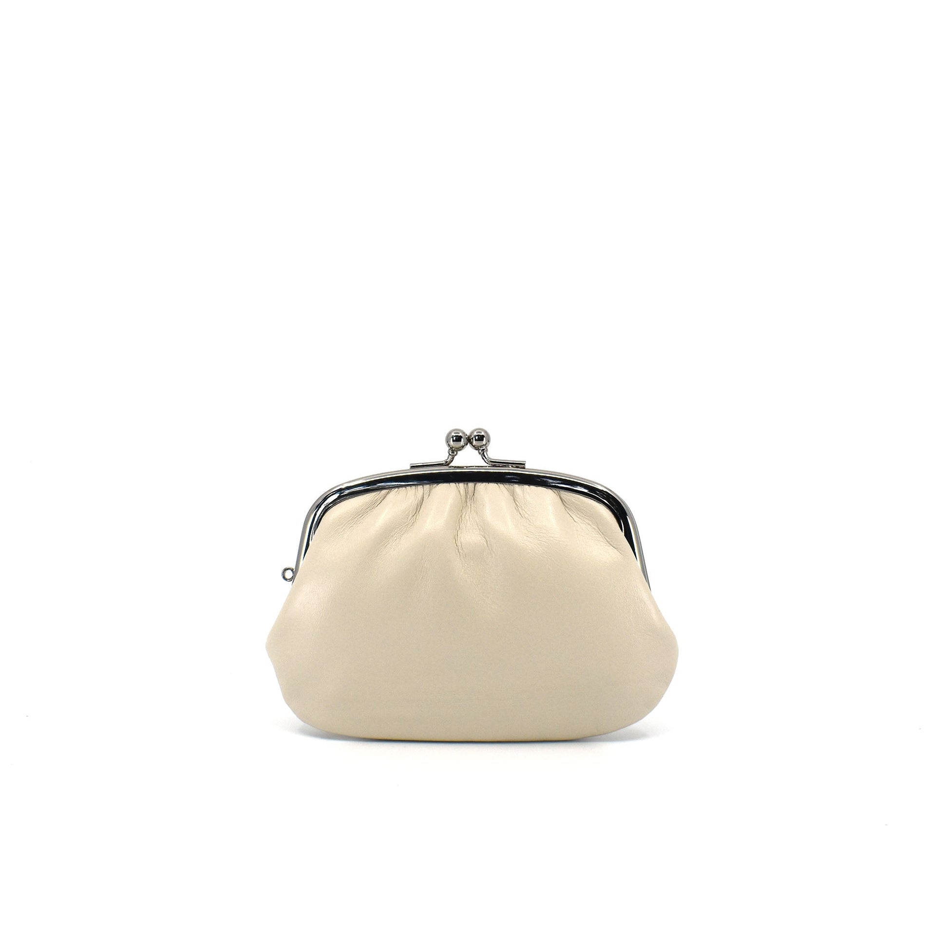 Ivory leather Gamaguchi coin purse with silver clasp, handcrafted in Japan—minimal and versatile for everyday or special occasions.