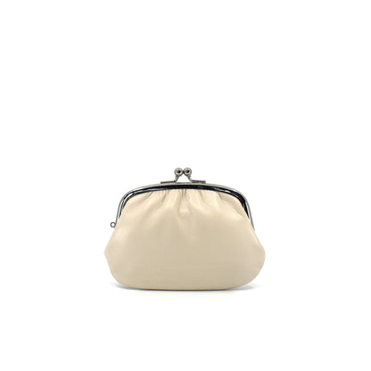 Ivory leather Gamaguchi coin purse with silver clasp, handcrafted in Japan—minimal and versatile for everyday or special occasions.