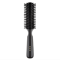 Japanese round hair brush featuring firm black natural bristles and a polished dark wood handle, crafted for smooth detangling and everyday grooming.