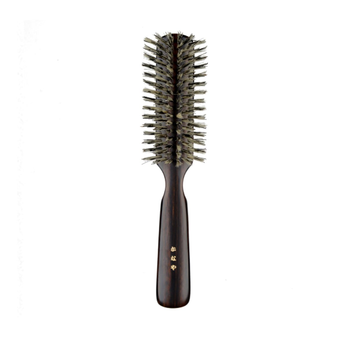 Japanese round hair brush made with soft natural bristles and a dark ebony wood handle, designed for gentle styling, smoothing, and adding shine.