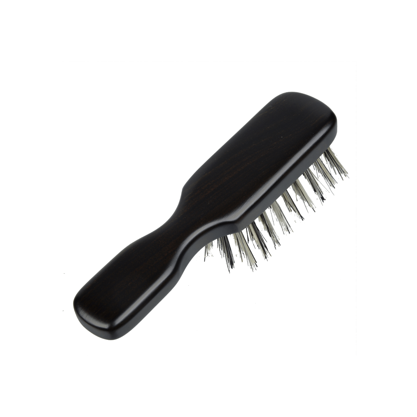 Angled back view of the Kanaya travel hairbrush showing its smooth, dark wooden handle and natural bristles. A compact, elegant brush ideal for travel or daily touch-ups.